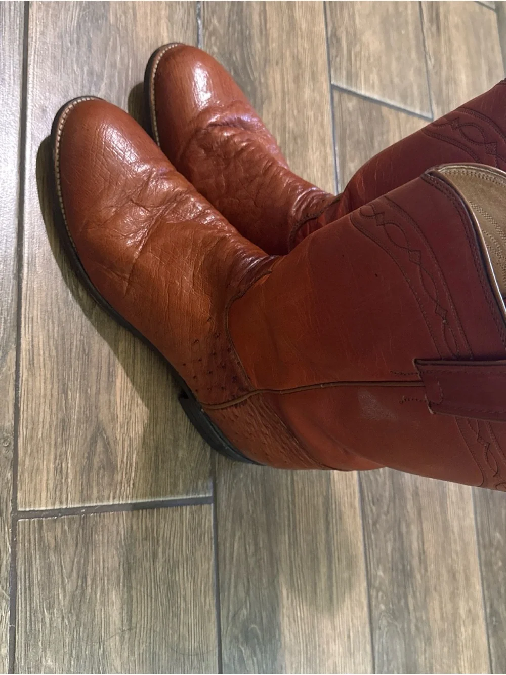 Justin 3068 Exotic Roper Boot Cognac Smooth Ostrich Preloved Boots Size 11D